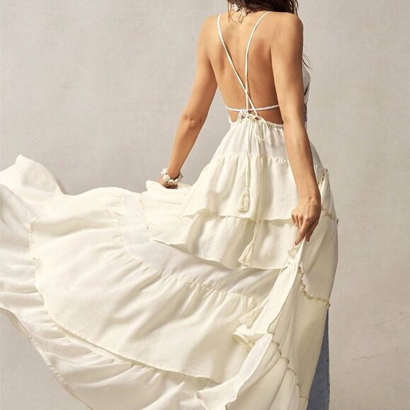 Boho Women's floral Embroidery Pattern Ruffle Trim Backless maxi cami top - Picture 3 of 8